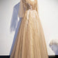 Champagne v neck lace long prom dress A line evening dress  8595