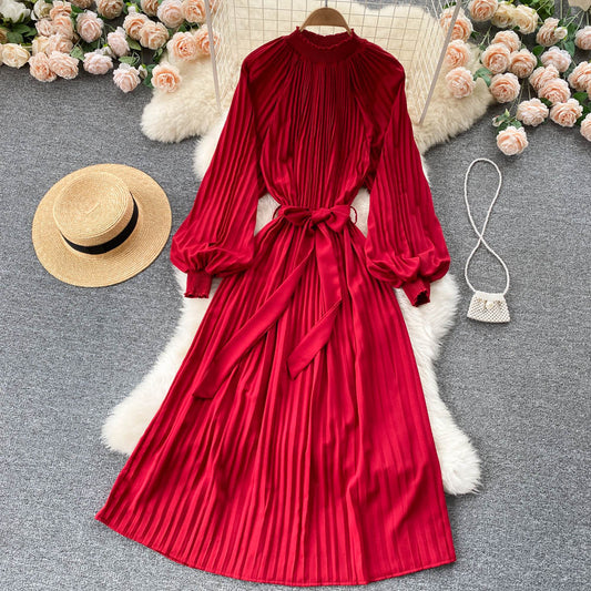 Einfaches Chiffon-Langarmkleid A-Linie Modekleid 10845