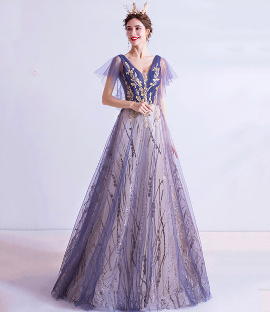 Purple tulle sequins long prom dress A line evening dress  10510