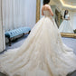 Robe de soirée longue en tulle et dentelle champagne 10367