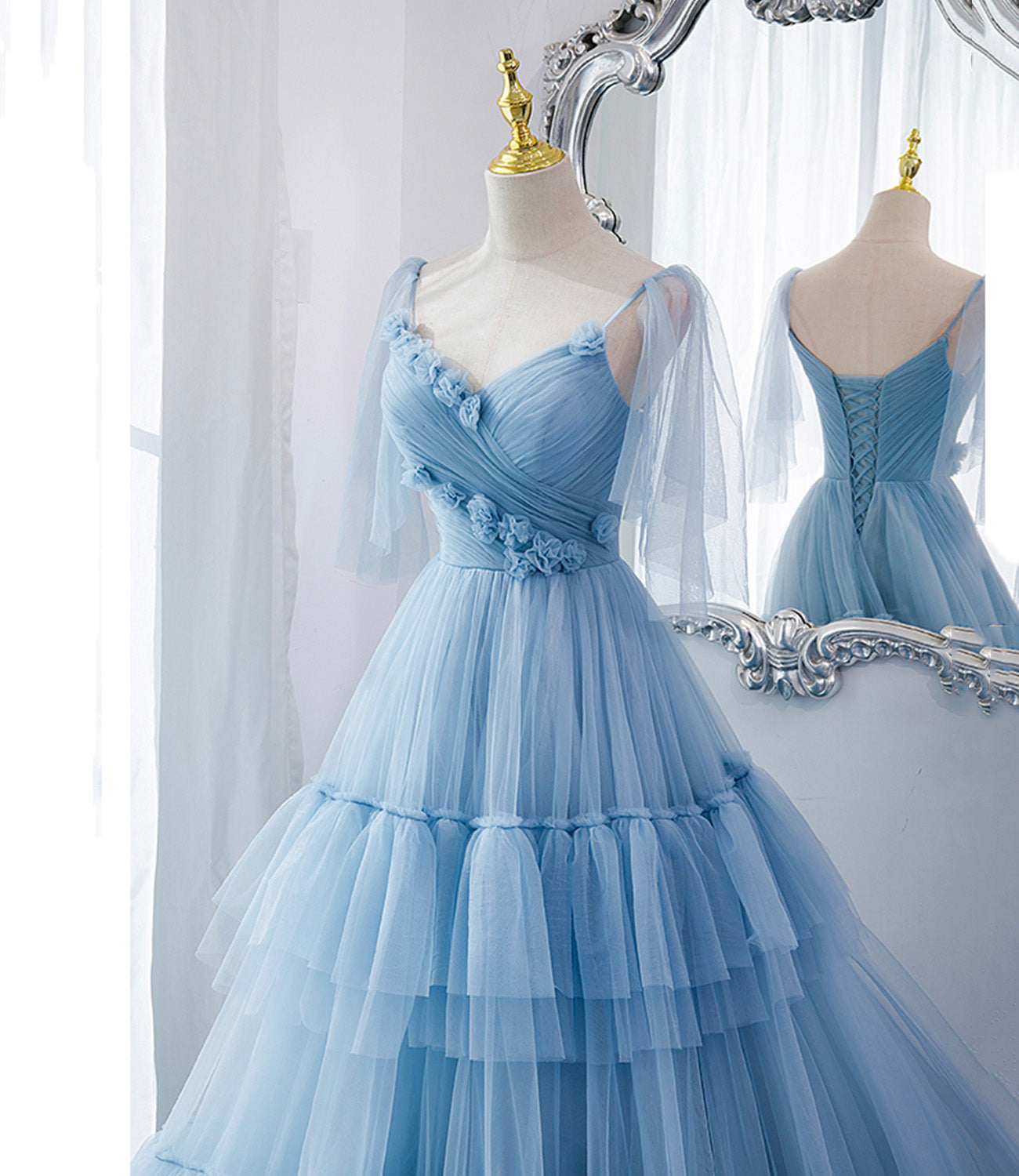 Blaues langes Ballkleid aus Tüll in A-Linie blaues Abendkleid 10551
