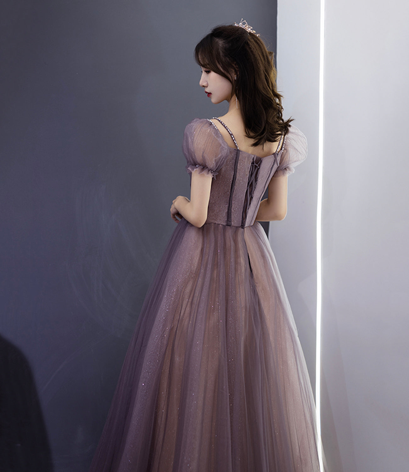 Cute tulle beads long prom dress A line evening dress  10498