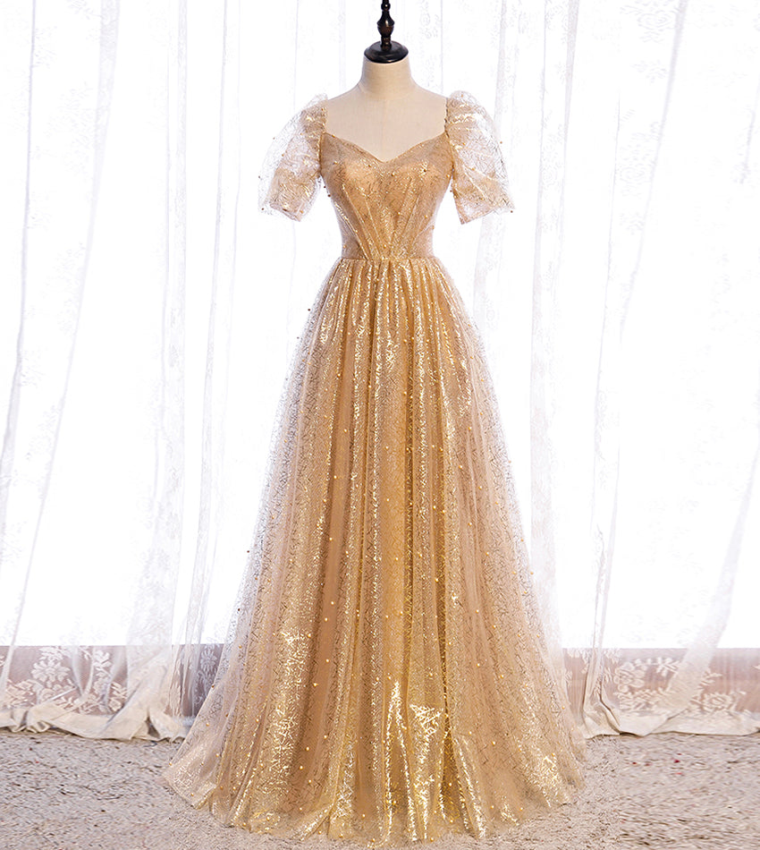 Gold Tüll Pailletten langes Ballkleid Abendkleid 8428
