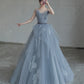 Gray tulle lace long A line prom dress evening dress  8682