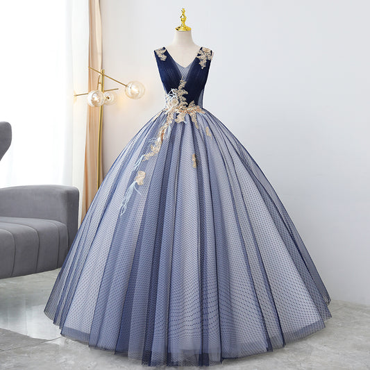 Robe de soirée longue à paillettes bleues à col en V 8913
