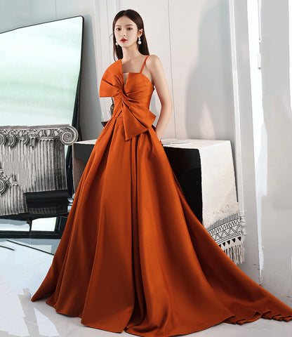 Langes Abschlussballkleid aus orangefarbenem Satin mit Schleife A-Linie formelles Kleid 10568