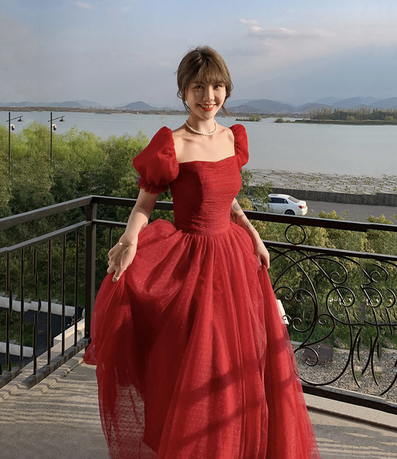 Red tulle long prom dress A line evening dress  10602