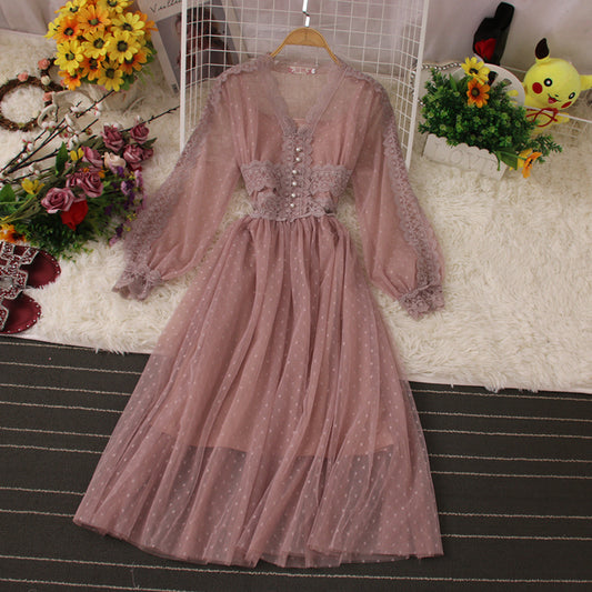 Süßes langärmliges Spitzenkleid Modekleid 10958