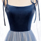 Blue velvet tulle long prom dress blue evening dress  8637