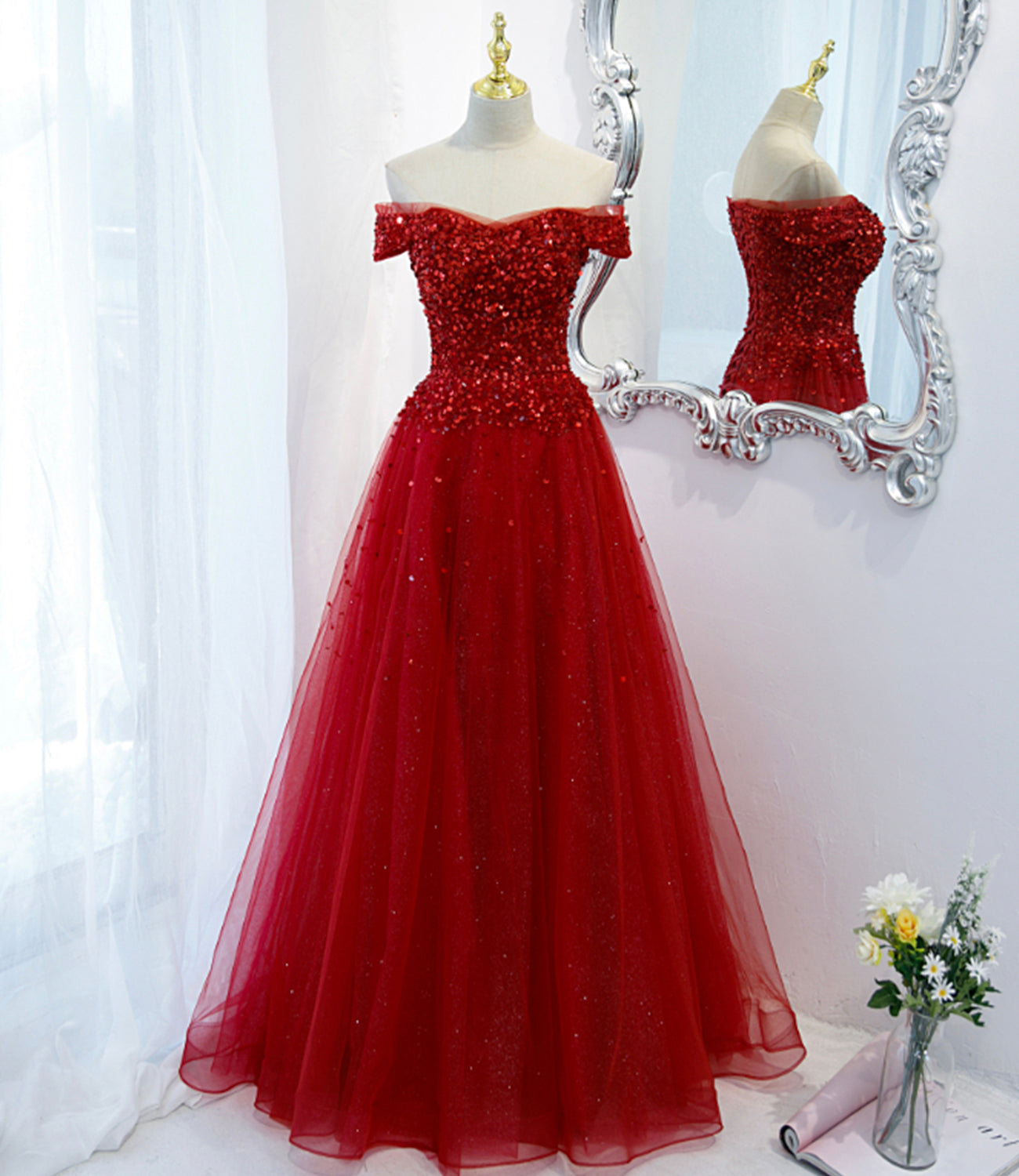 Langes Ballkleid aus rotem Tüll mit Pailletten, rotes Abendkleid 8987