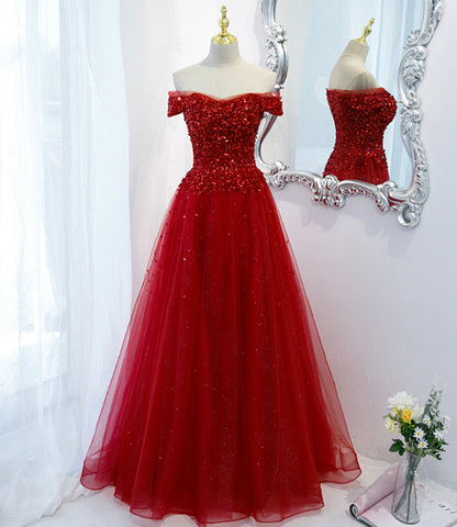 Langes Ballkleid aus rotem Tüll mit Pailletten, rotes Abendkleid 8987