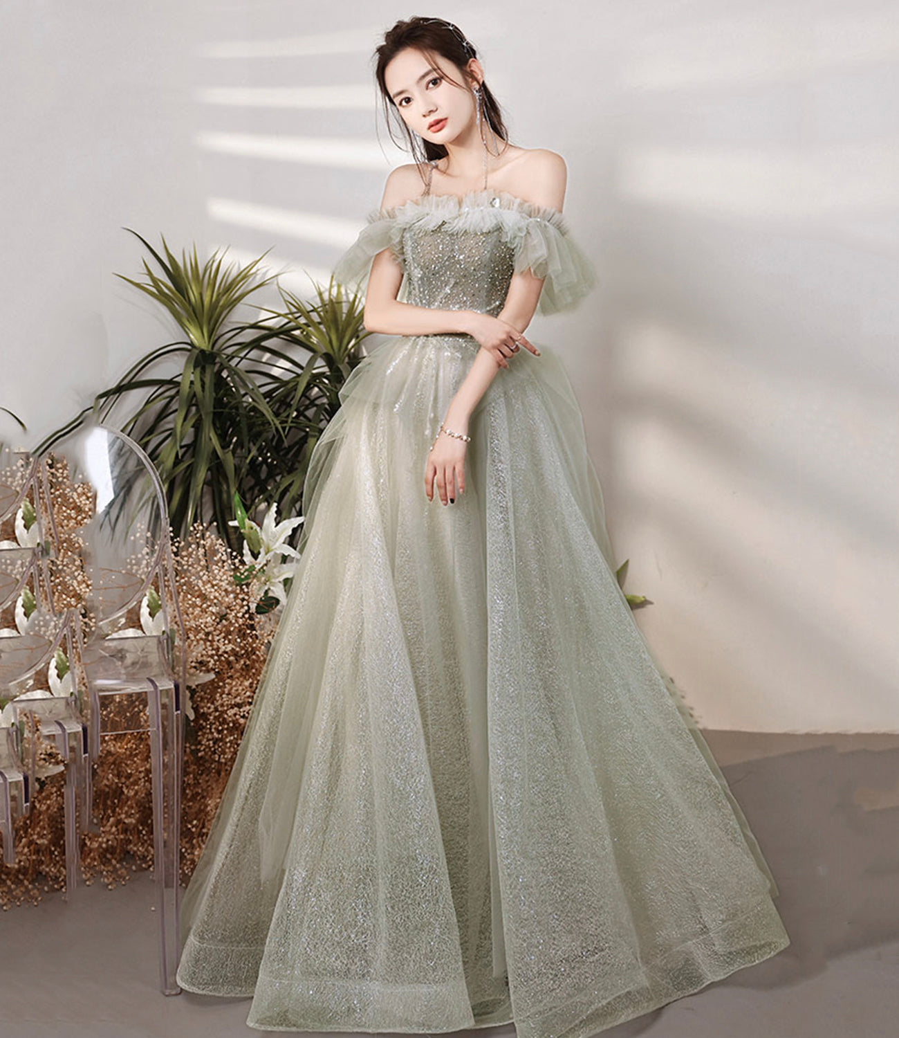 Green tulle sequins long prom dress A line evening dress  10225