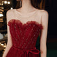 Burgundy tulle sequins long prom dress A line evening dress  10555
