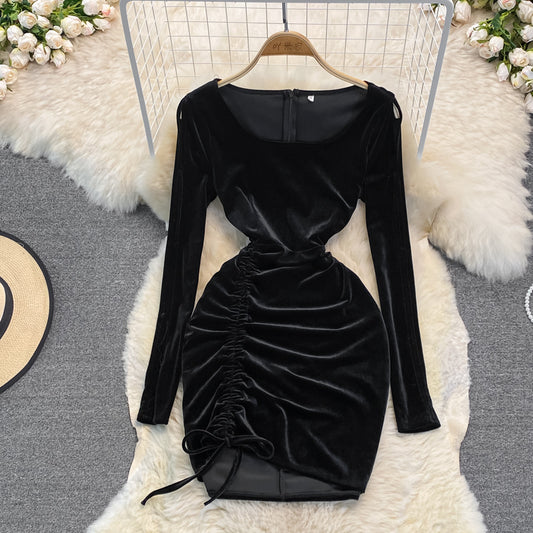 Schwarzes Samtkleid mit langen Ärmeln Sexy Kleid 10948