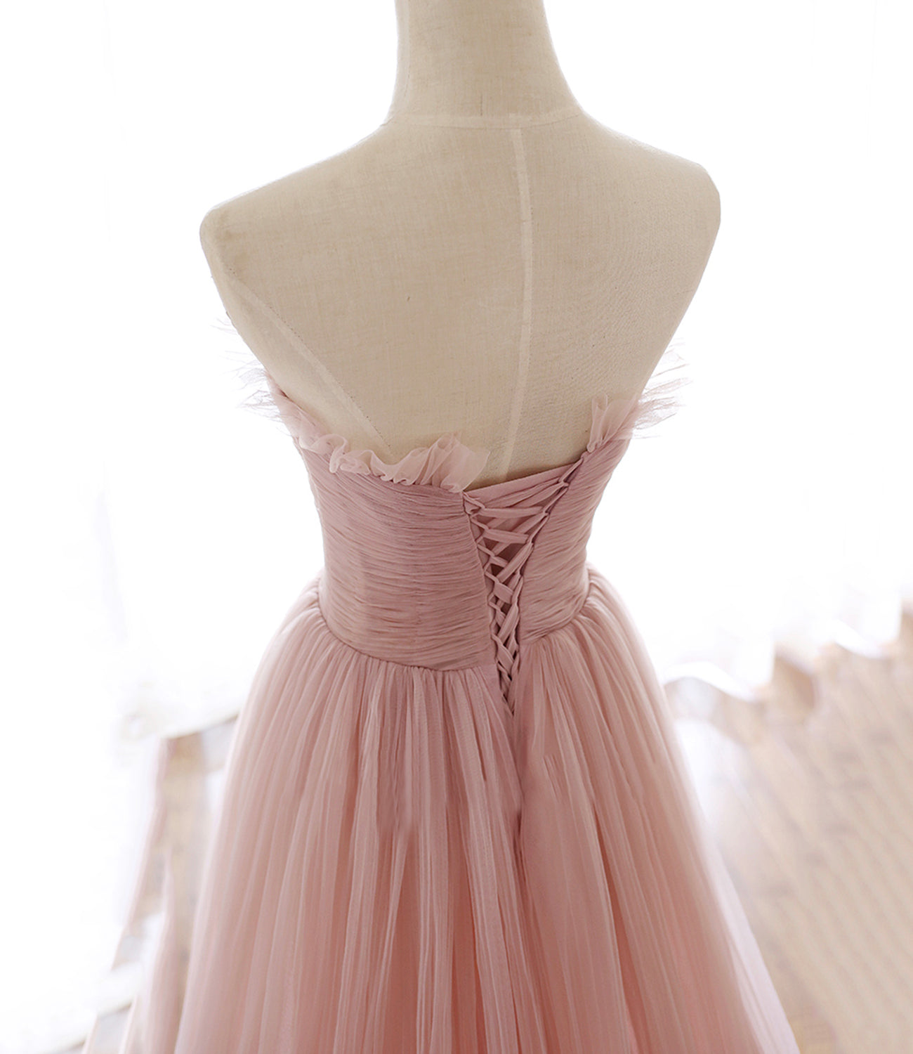Robe de bal longue en tulle rose, robe de soirée rose 8584
