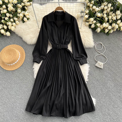 Einfaches Langarmkleid mit V-Ausschnitt A-Linie Modekleid 10946