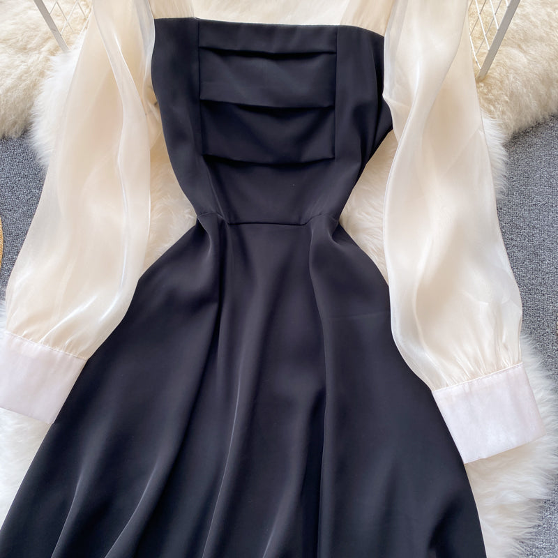 Schwarzes langärmliges Kleid in A-Linie Modekleid 10673