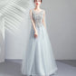 Robe de soirée longue en tulle et dentelle grise Robe de soirée trapèze 10509