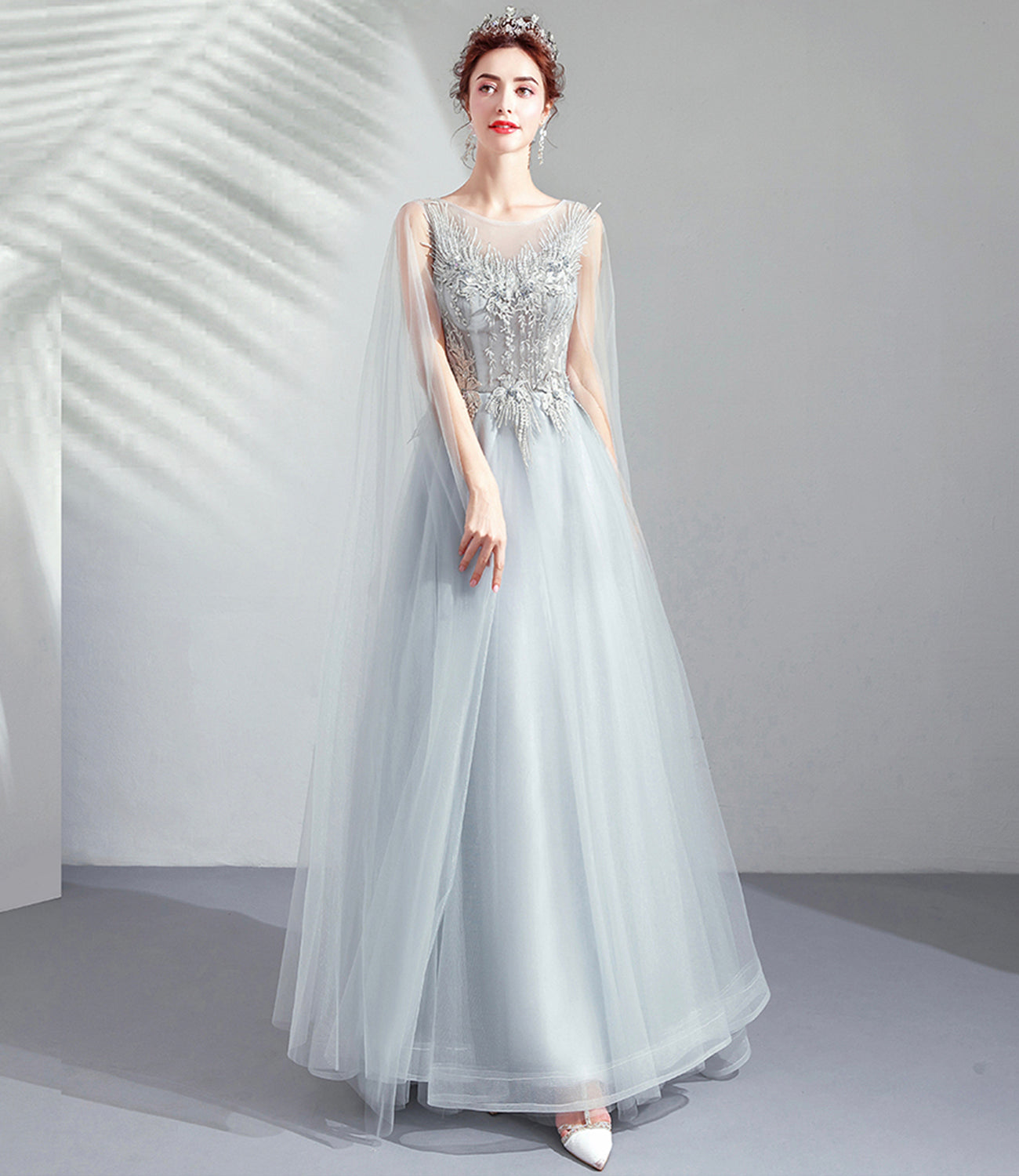 Robe de soirée longue en tulle et dentelle grise Robe de soirée trapèze 10509