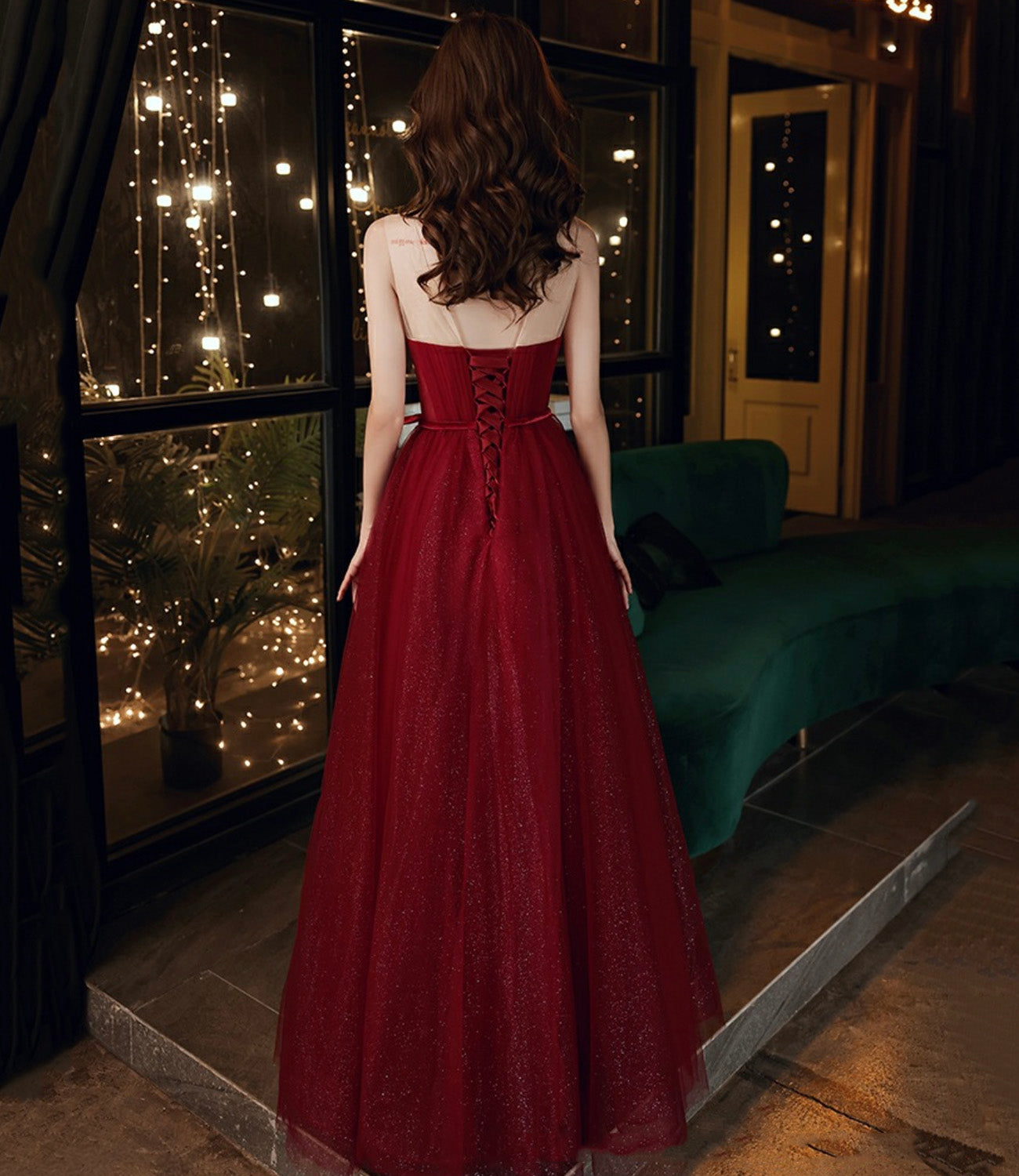 Burgundy tulle sequins long prom dress A line evening dress  10555