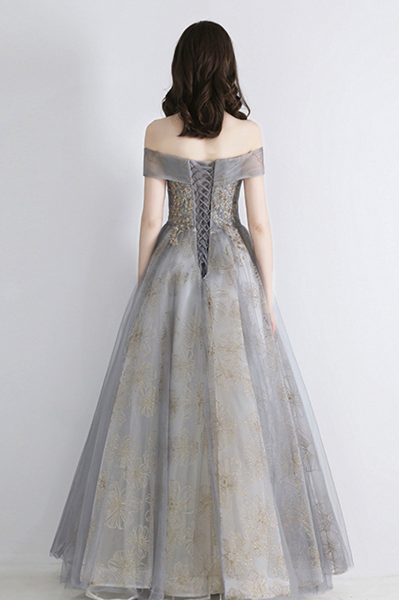 Graues Tüll Pailletten langes Ballkleid Abendkleid 10639