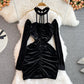 Schwarzes Samtkleid mit langen Ärmeln Modekleid 10936