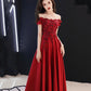 Burgundy satin lace long prom dress A line evening dress  10565