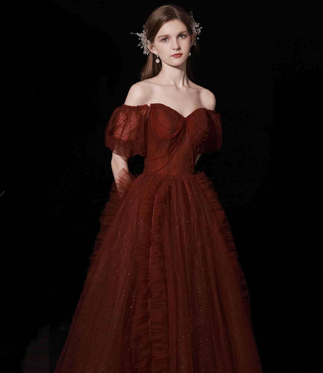 Burgund Tüll langes Ballkleid A-Linie Abendkleid 10439