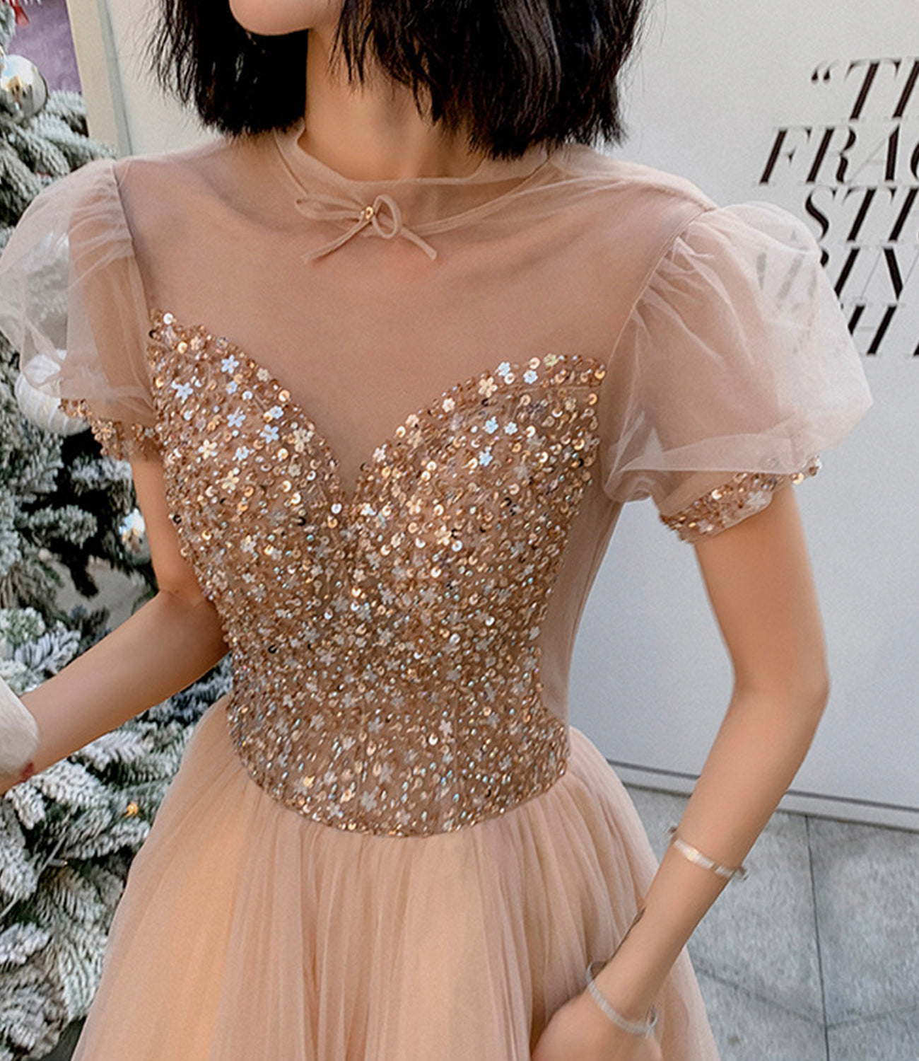 Cute tulle beads long prom dress A line evening gown  10264