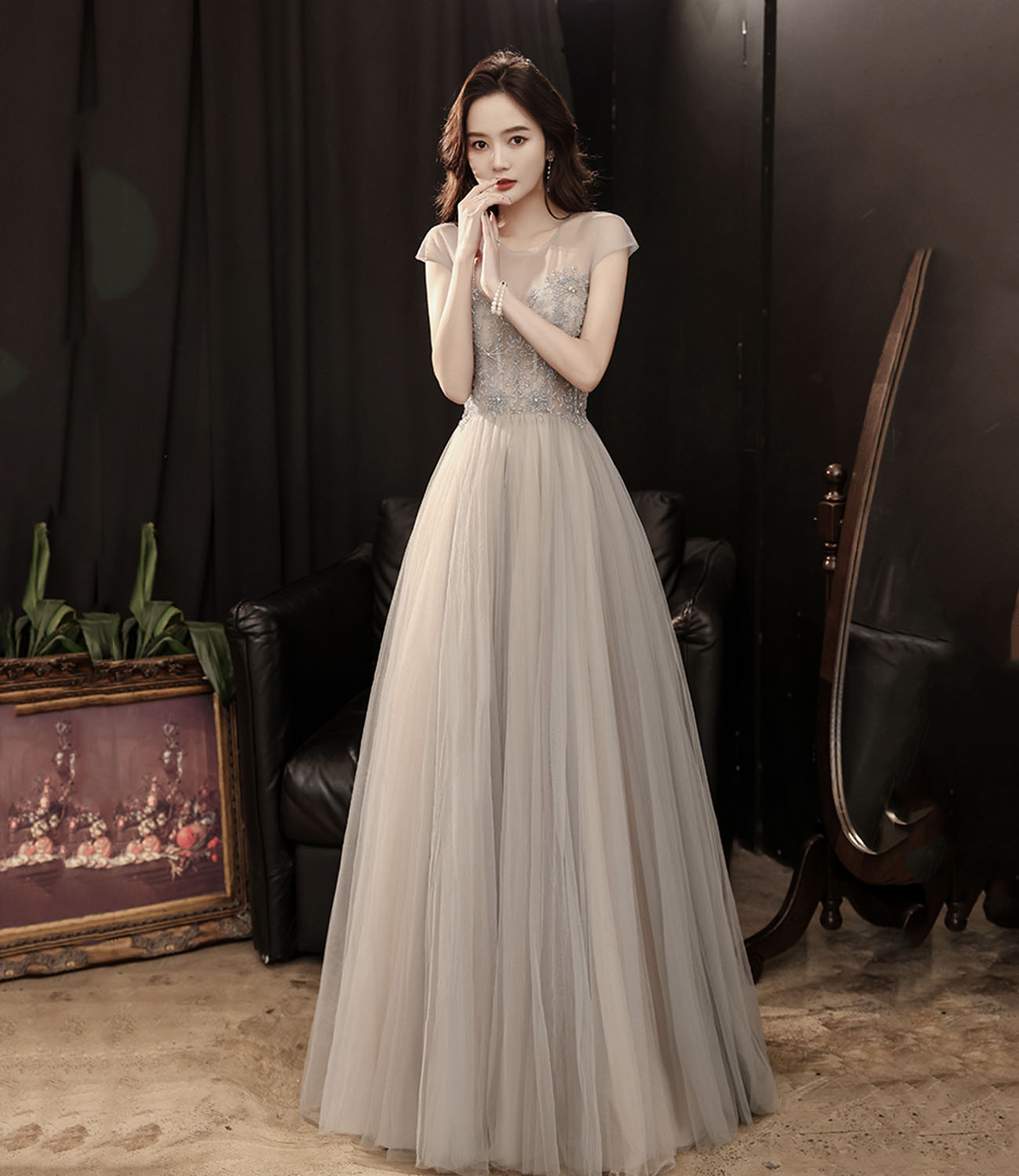 Cute tulle beads long prom dress A line evening gown  10279