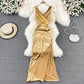 Robe sexy à col en V, taille haute, slim, sans manches, robe portefeuille aux hanches, robe longue 11054