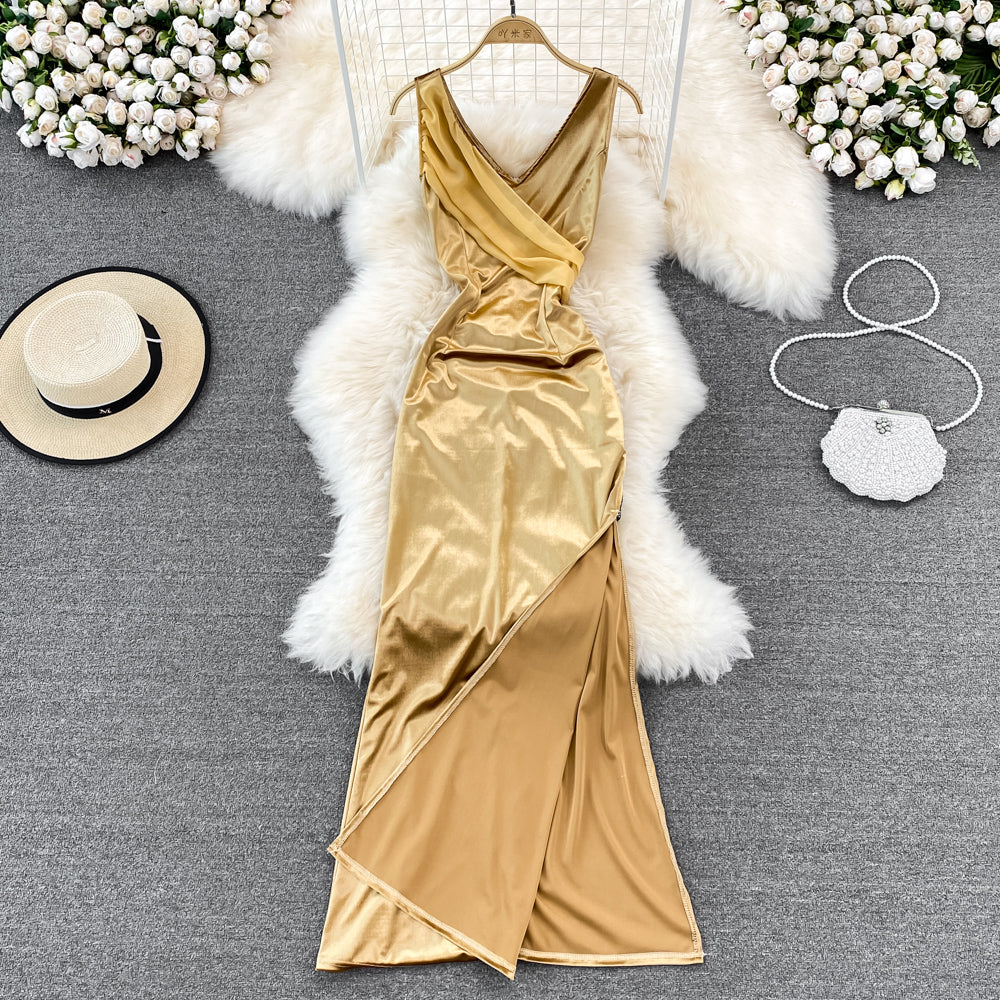 Robe sexy à col en V, taille haute, slim, sans manches, robe portefeuille aux hanches, robe longue 11054