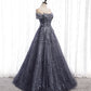 Gray tulle sequins long prom dress A line evening gown  10002
