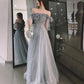Gray tulle sequins long prom dress A line evening dress  10559