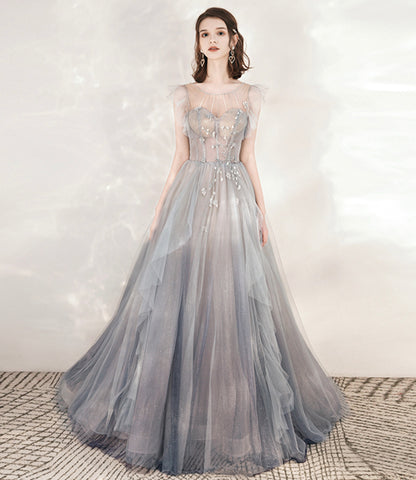 Cute tulle beads long prom dress A line formal dress  10547