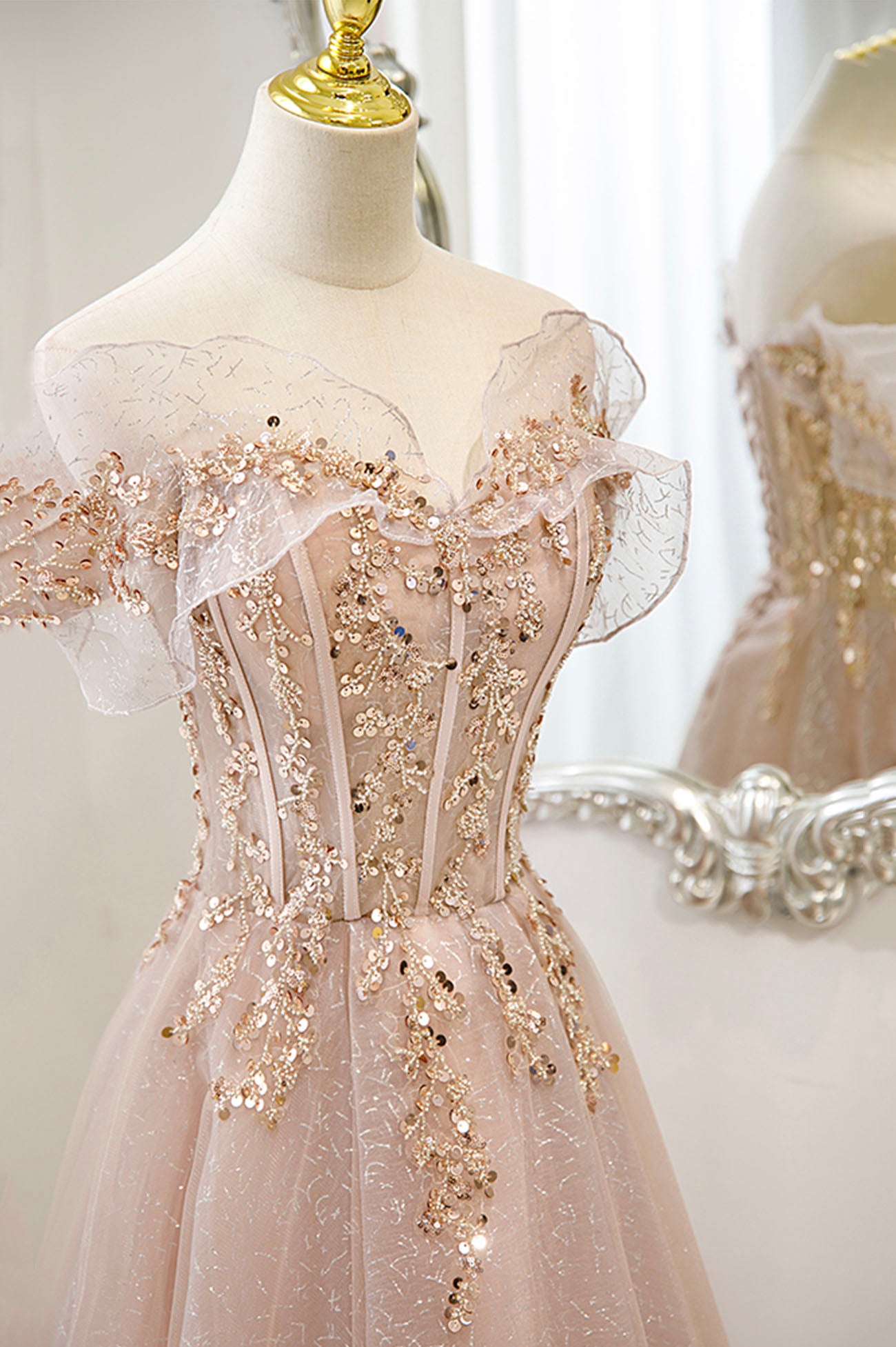 Rosa Tüll Pailletten langes Ballkleid Rosa Abendkleid 10173