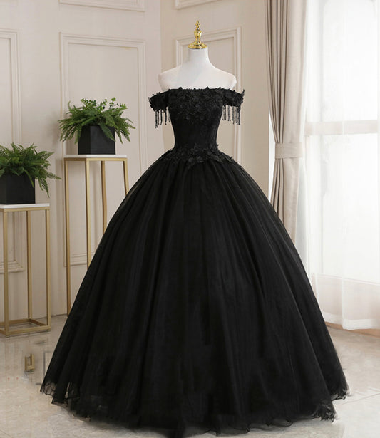 Robe de soirée longue en tulle et dentelle noire 8931