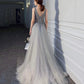 Langes Ballkleid aus grauem Tüll mit Perlen A-Linie Abendkleid 10409