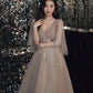 Champagner Tüll Spitze langes Ballkleid A-Linie Abendkleid 10464