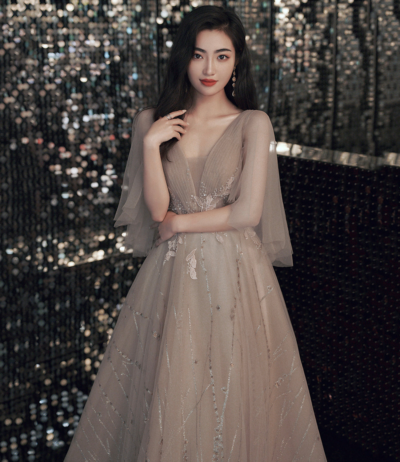 Champagner Tüll Spitze langes Ballkleid A-Linie Abendkleid 10464