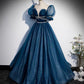Blue tulle sequins long prom dress blue evening gown  10223