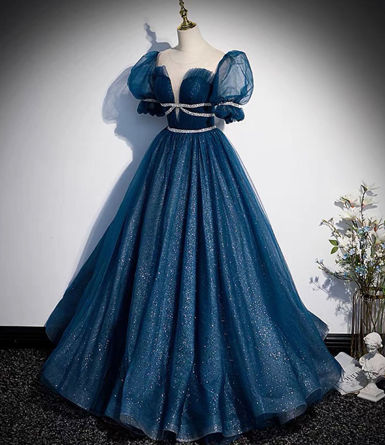 Blue tulle sequins long prom dress blue evening gown  10223