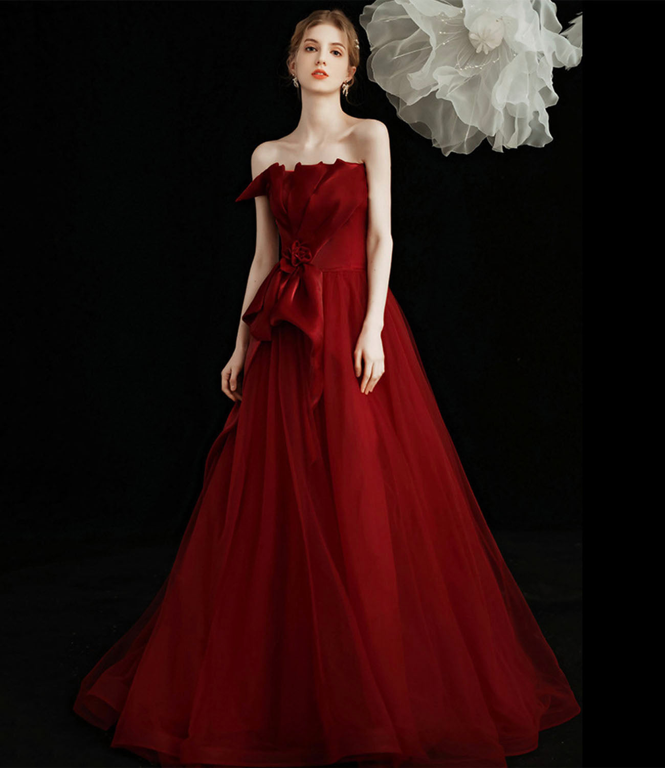 Burgund Tüll langes Ballkleid A-Linie Abendkleid 10603