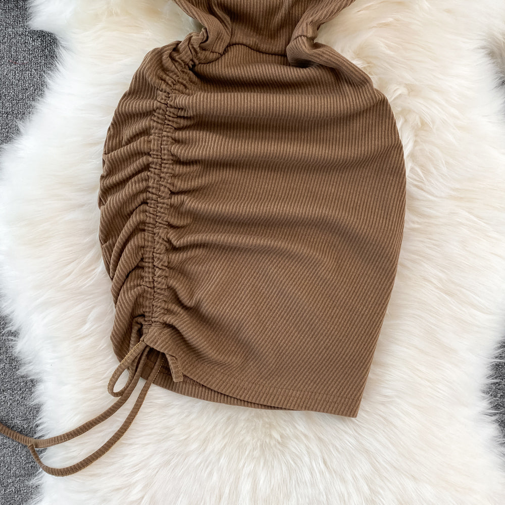 Spice Girl round neck chest hollowed out elastic tight drawstring short Hip Wrap Dress  10970