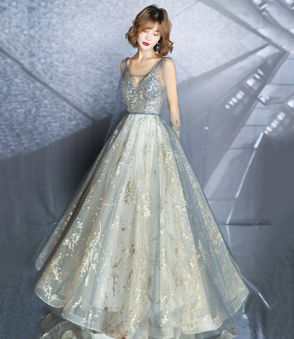 Langes Ballkleid aus grauem Tüll mit Pailletten A-Linie Abendkleid 10492