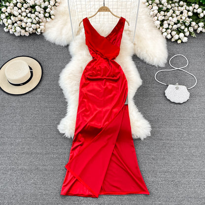 Robe sexy à col en V, taille haute, slim, sans manches, robe portefeuille aux hanches, robe longue 11054