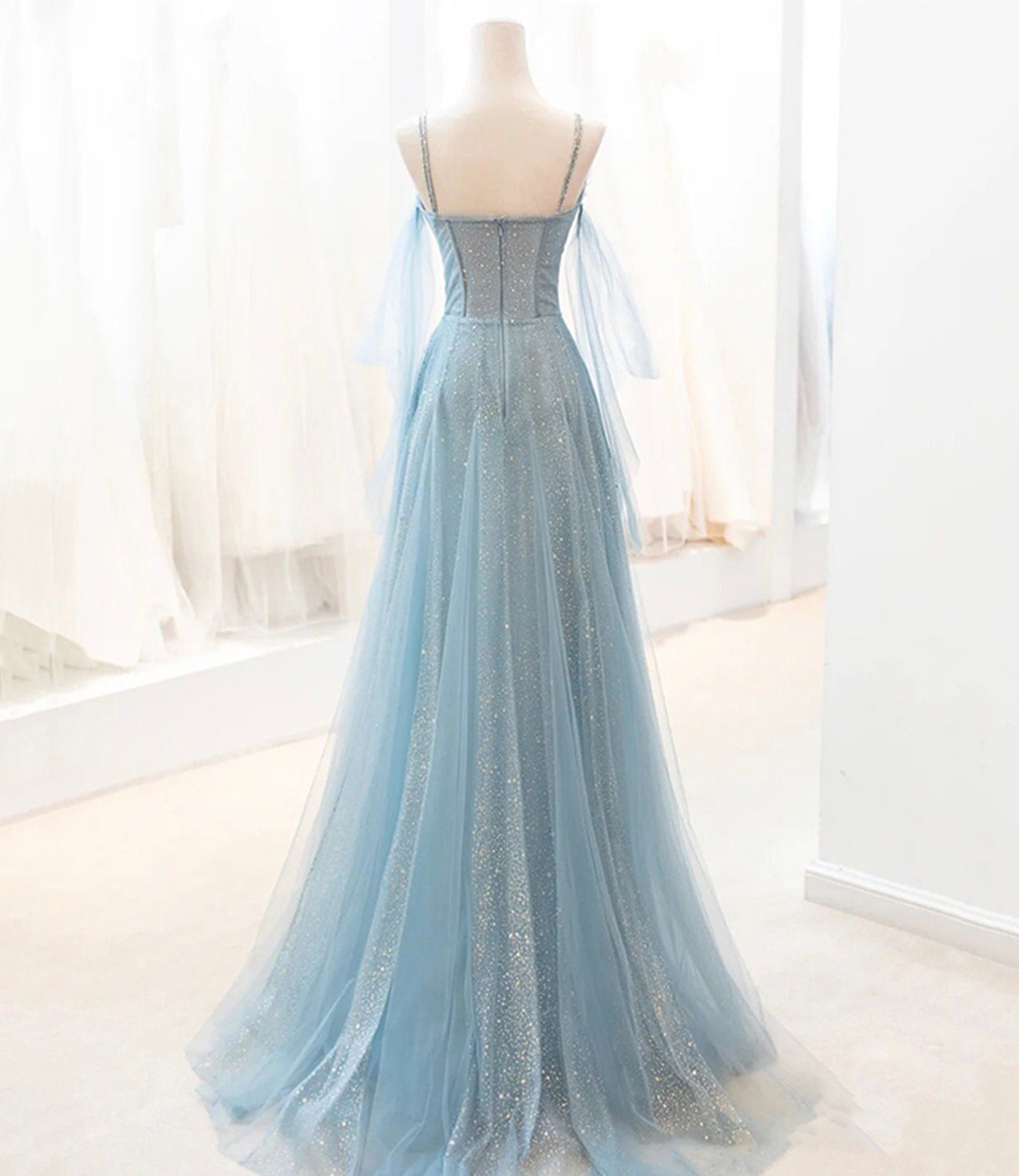 Blaues langes Ballkleid aus Tüll in A-Linie blaues Abendkleid 8764