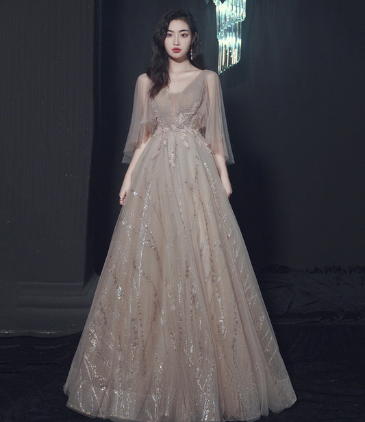 Champagne tulle lace long prom dress A line evening gown  10464