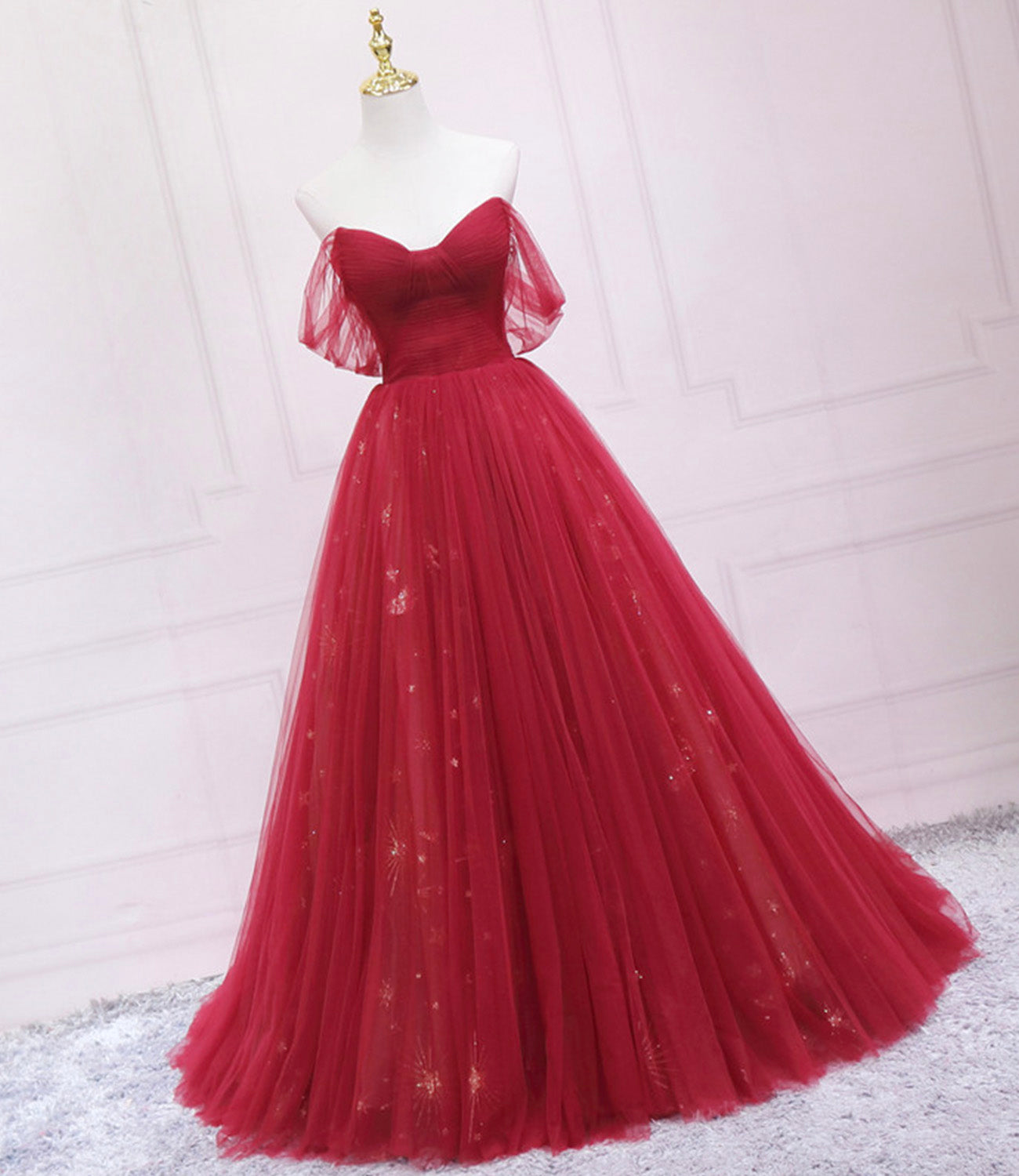 Langes Ballkleid aus rotem Tüll mit Pailletten A-Linie Abendkleid 10569