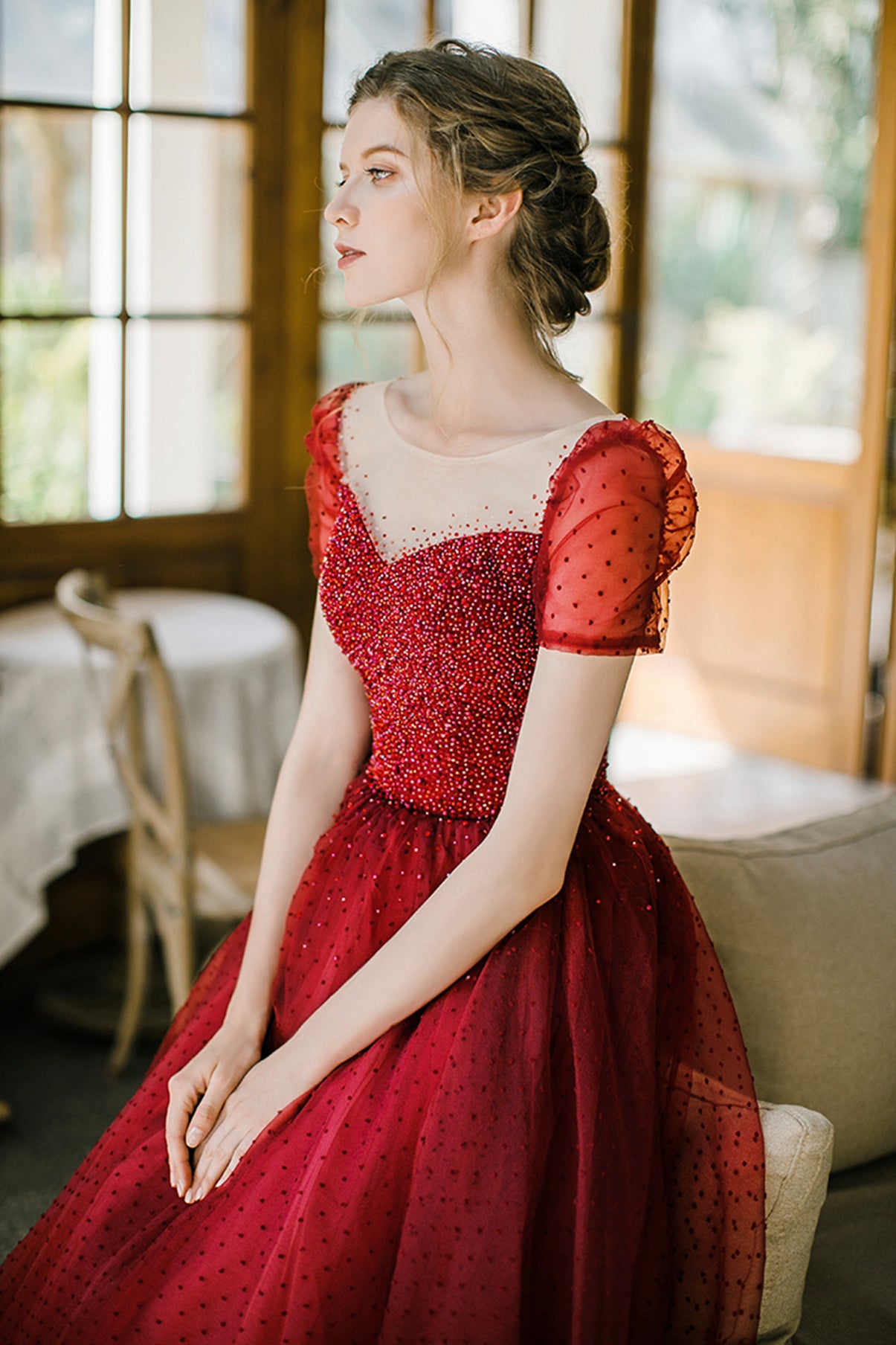 Burgundy Sparkling Beaded A-line Long Tulle Elegant Ball Gown Evening Dress 8645